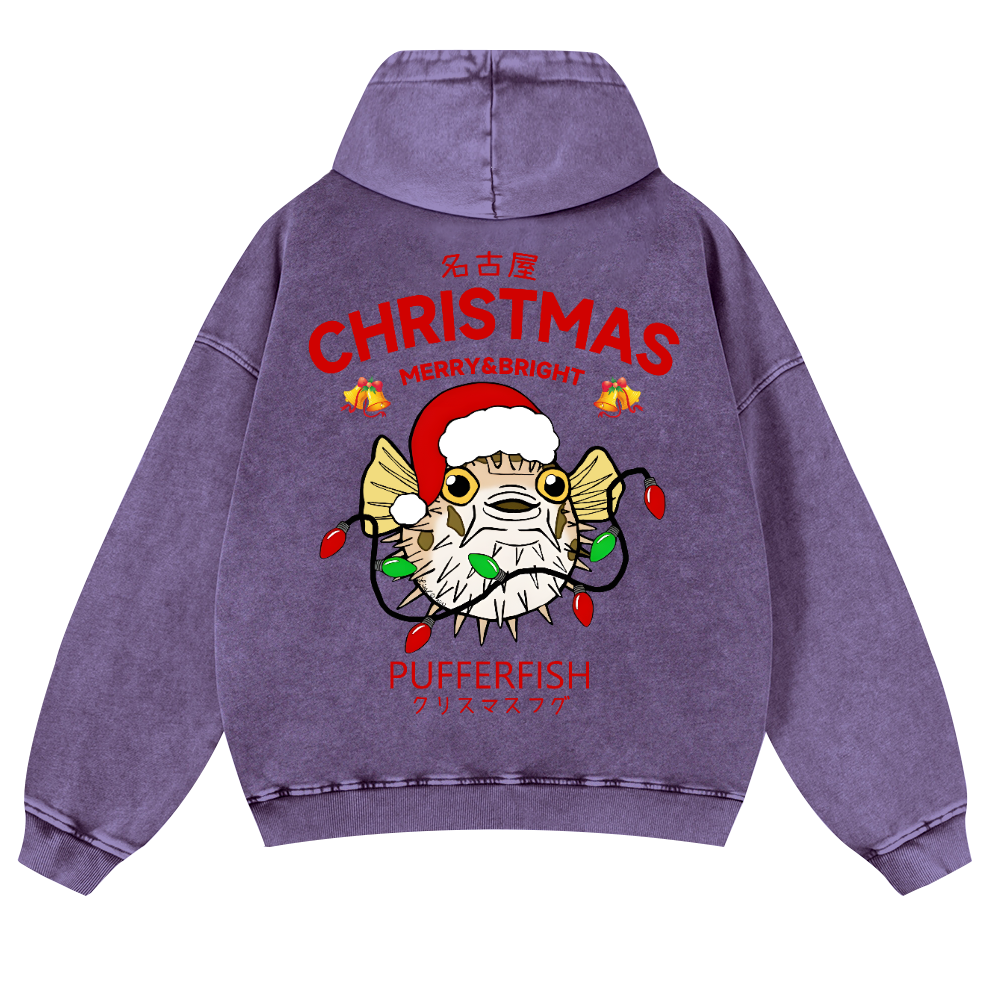 Christmas Puffer Fish Vintage Washed Cotton Back Art Hoodie