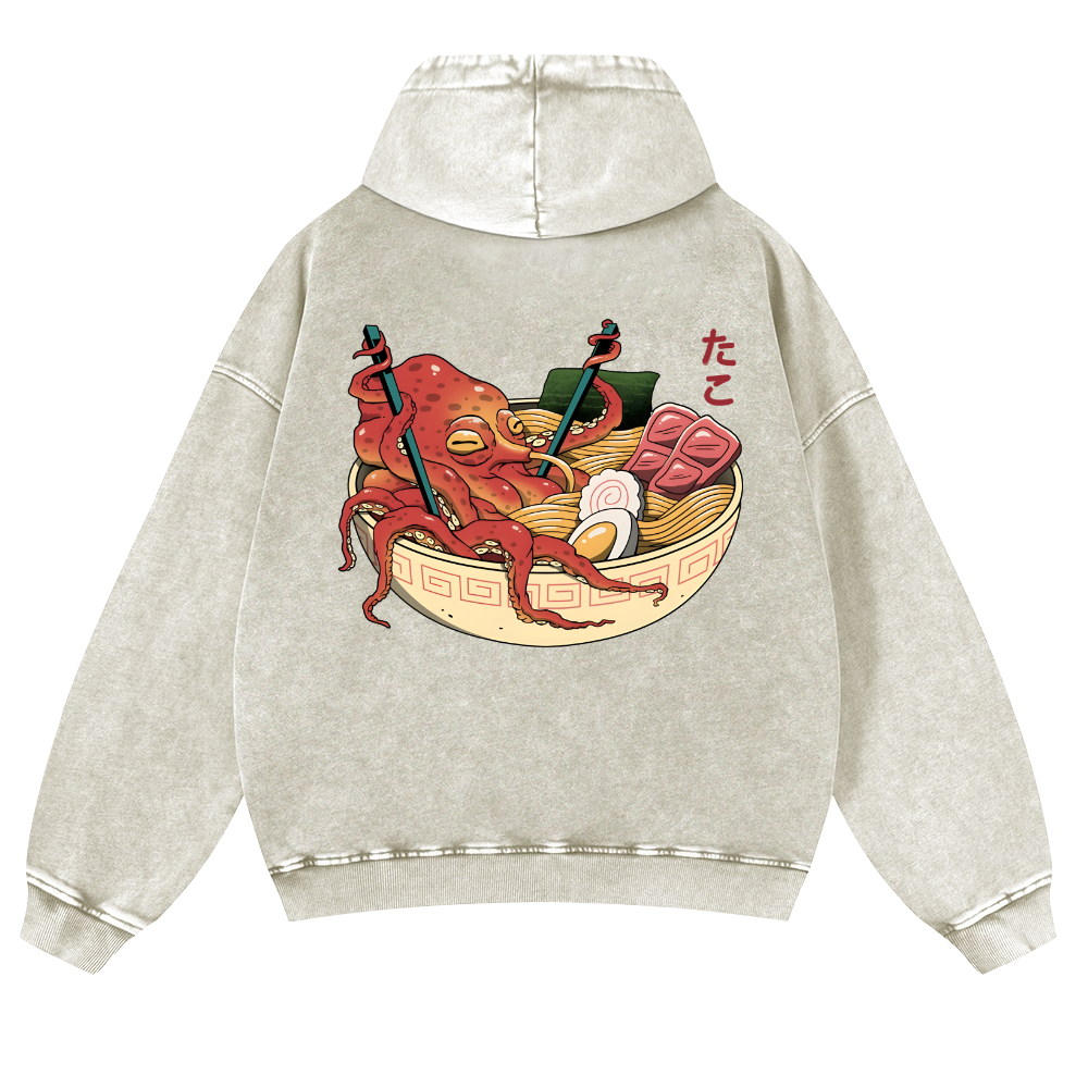 Ramen Octopus Vintage Washed Cotton Back Art Hoodie