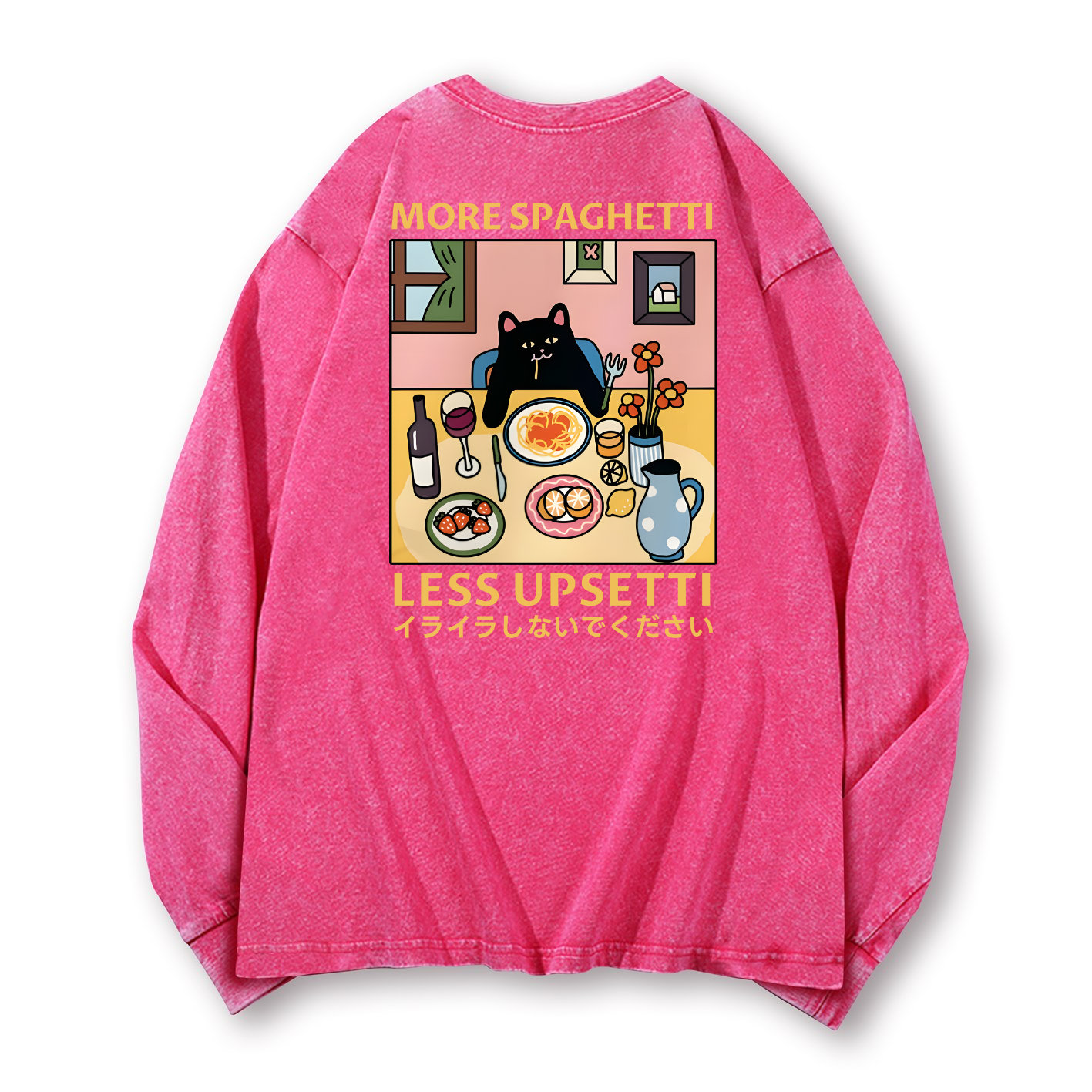 Spaghetti Cat Vintage Washed Cotton Back Art Long-sleeve T-shirt