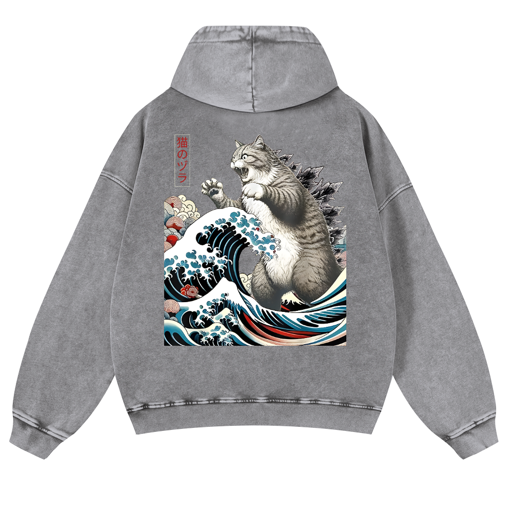 Cat Godzilla Ukiyoe Great Wave Vintage Washed Cotton Back Art Hoodie