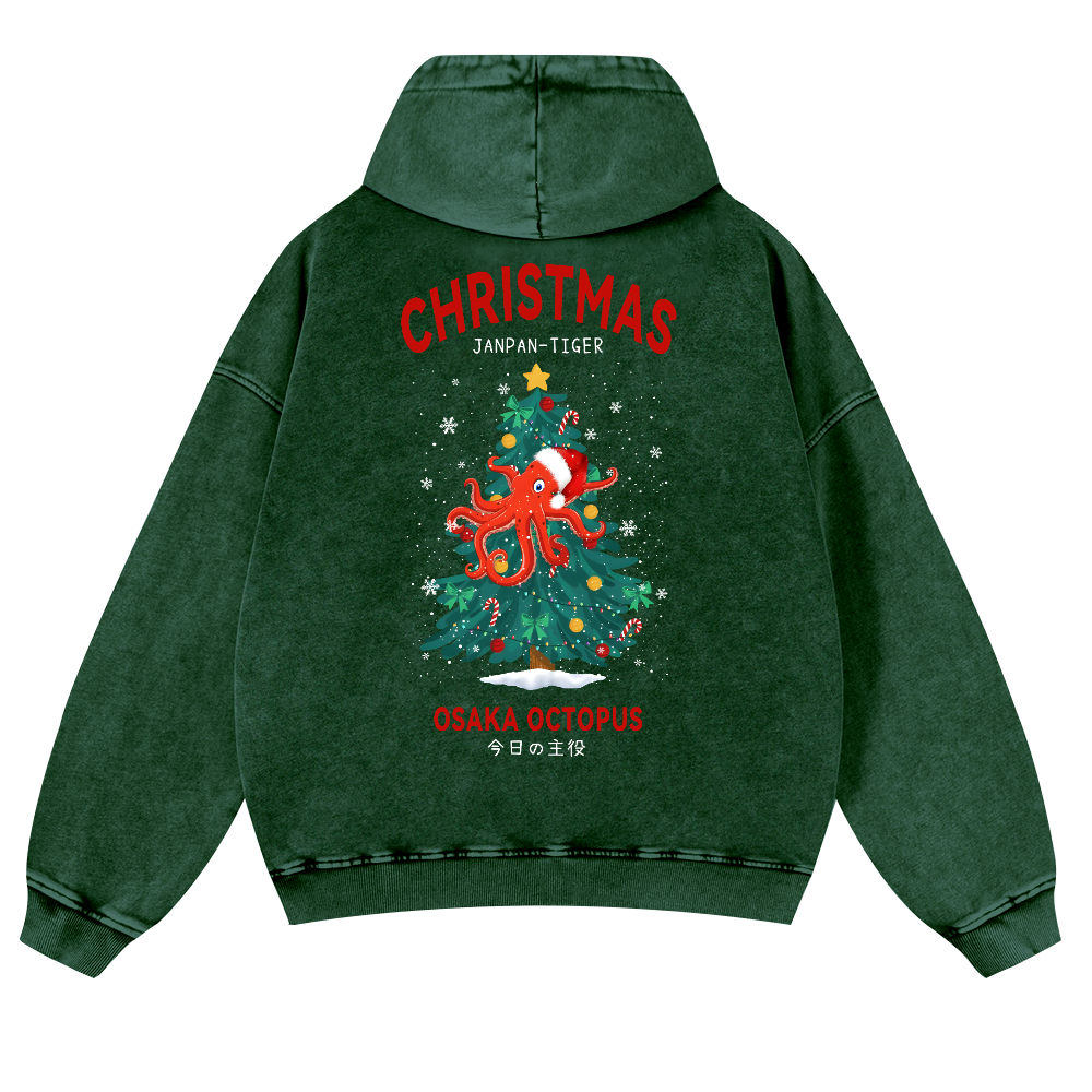Christmas Osaka Octopus Vintage Washed Cotton Back Art Hoodie
