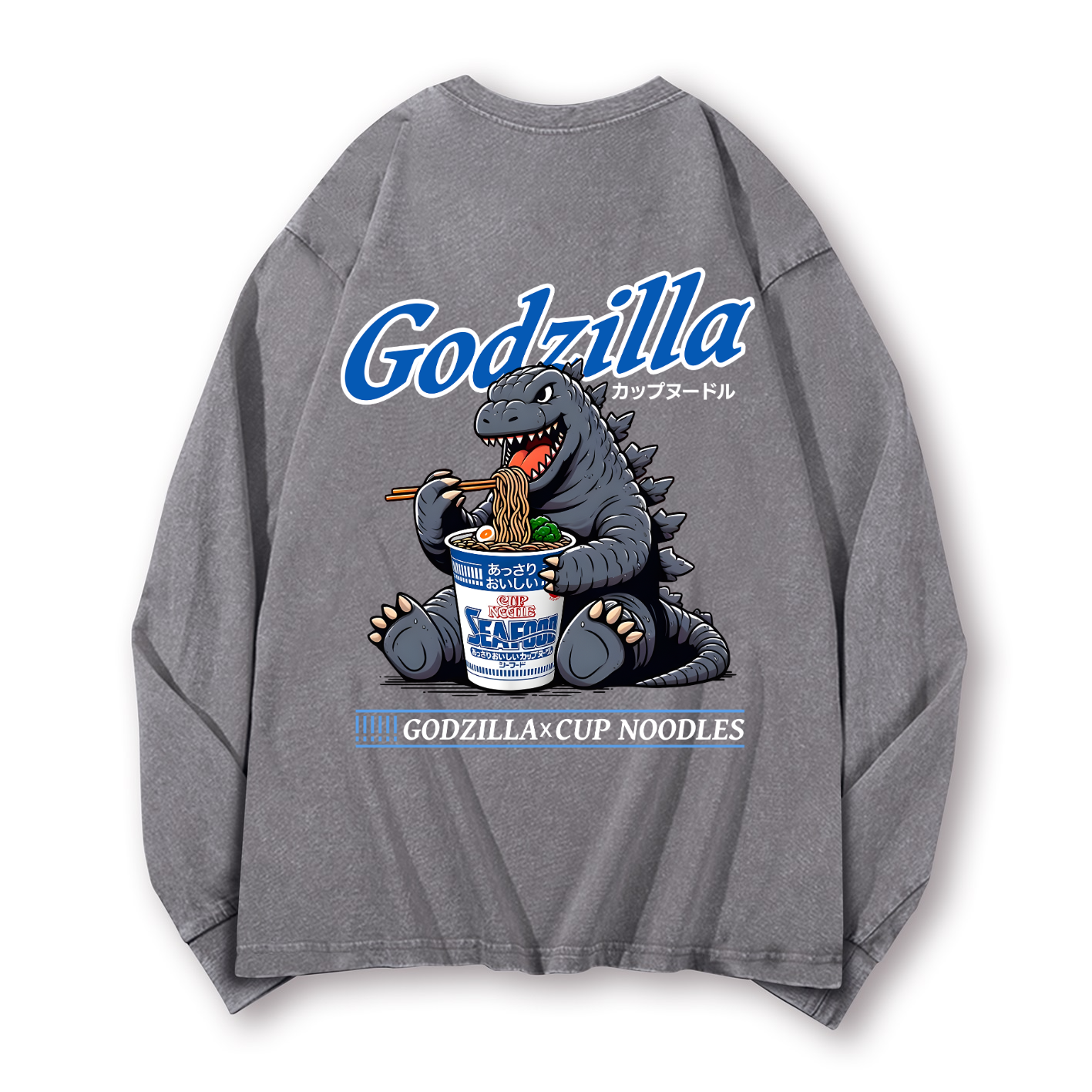 Cup Noodles Godzilla Vintage Washed Cotton Back Art Long-sleeve T-shirt