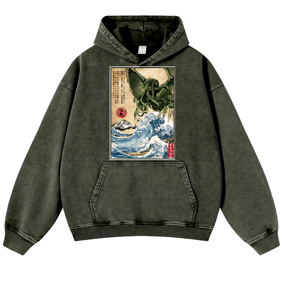 Octopus Ukiyoe Vintage Washed Thick Cotton Hoodie