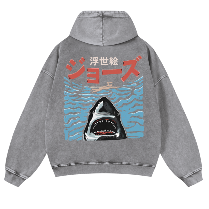 Ukiyoe Jaws Shark Vintage Washed Cotton Back Art Hoodie