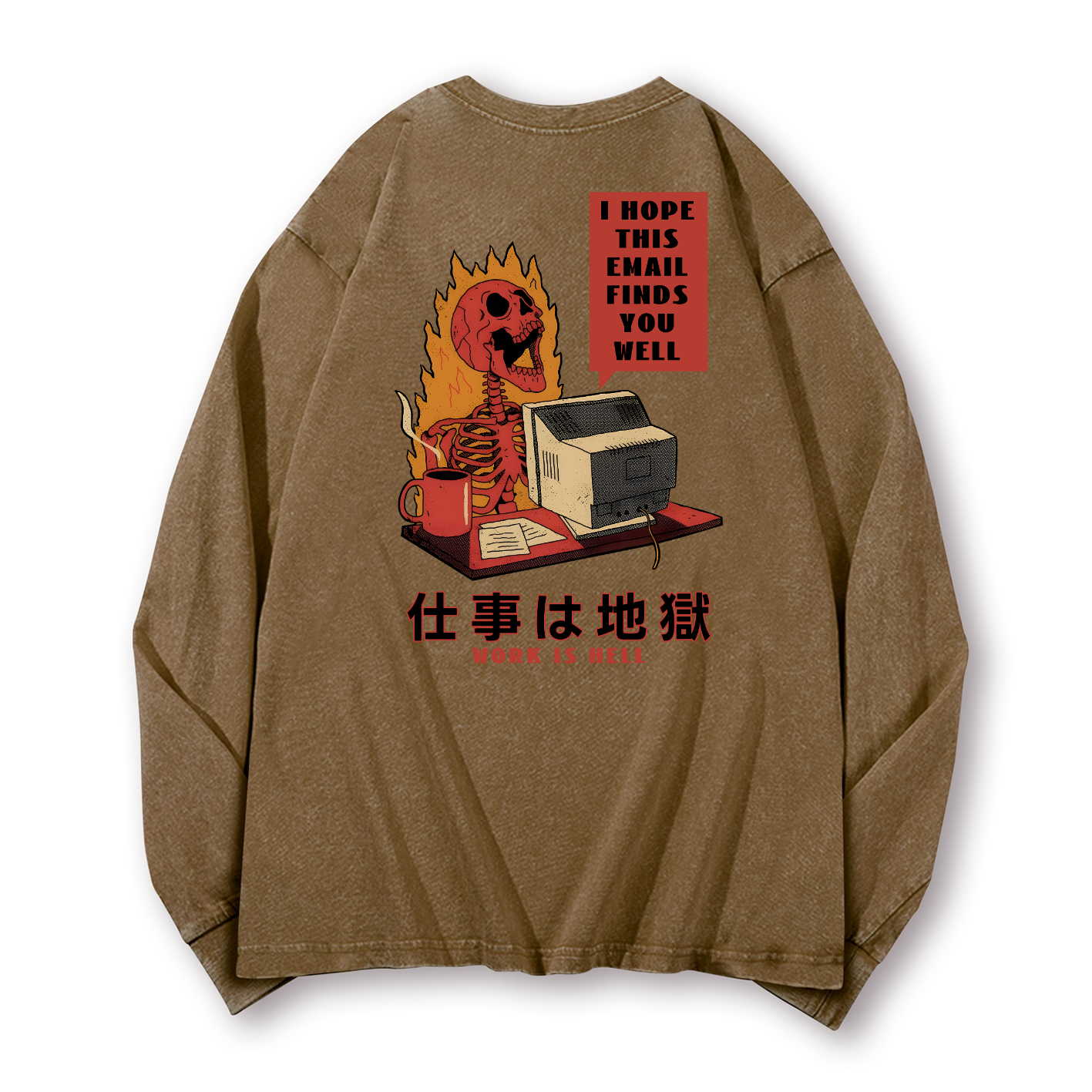 Skull Work Is Hell Vintage Washed Cotton Back Art Long-sleeve T-shirt