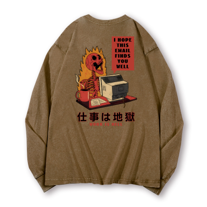 Skull Work Is Hell Vintage Washed Cotton Back Art Long-sleeve T-shirt