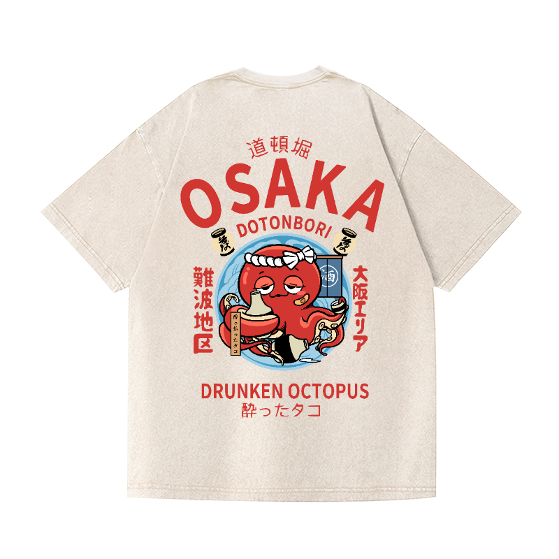 Osaka Dotonbori Drunken Octopus Vintage Wash Japanese Design Back Art T-Shirt