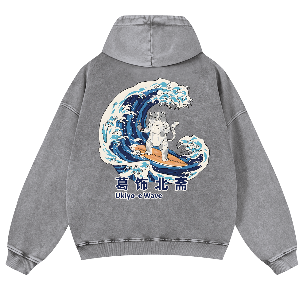 Ukiyoe Wave Cat Vintage Washed Cotton Back Art Hoodie