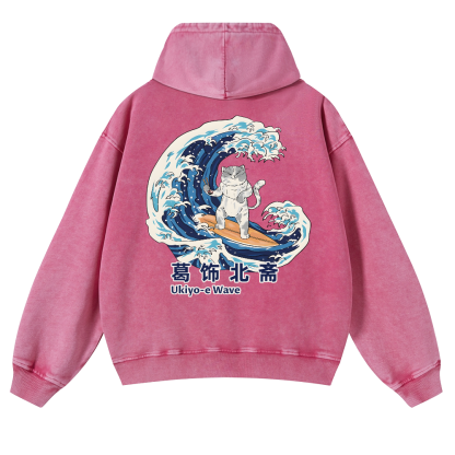 Ukiyoe Wave Cat Vintage Washed Cotton Back Art Hoodie