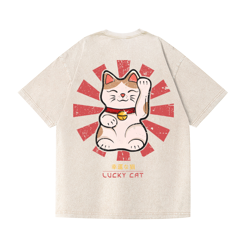 Lucky Cat Vintage Wash Japanese Design Back Art T-Shirt
