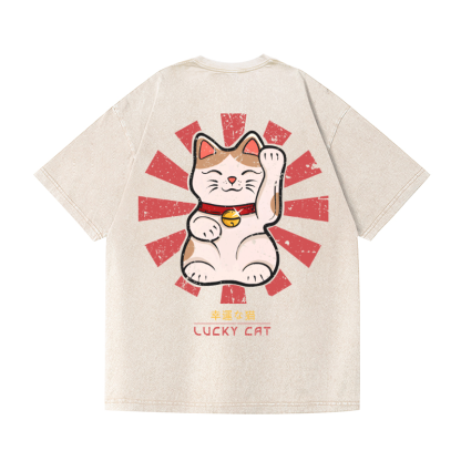 Lucky Cat Vintage Wash Japanese Design Back Art T-Shirt