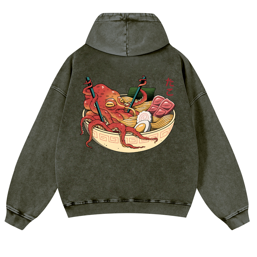 Ramen Octopus Vintage Washed Cotton Back Art Hoodie