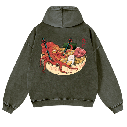 Ramen Octopus Vintage Washed Cotton Back Art Hoodie