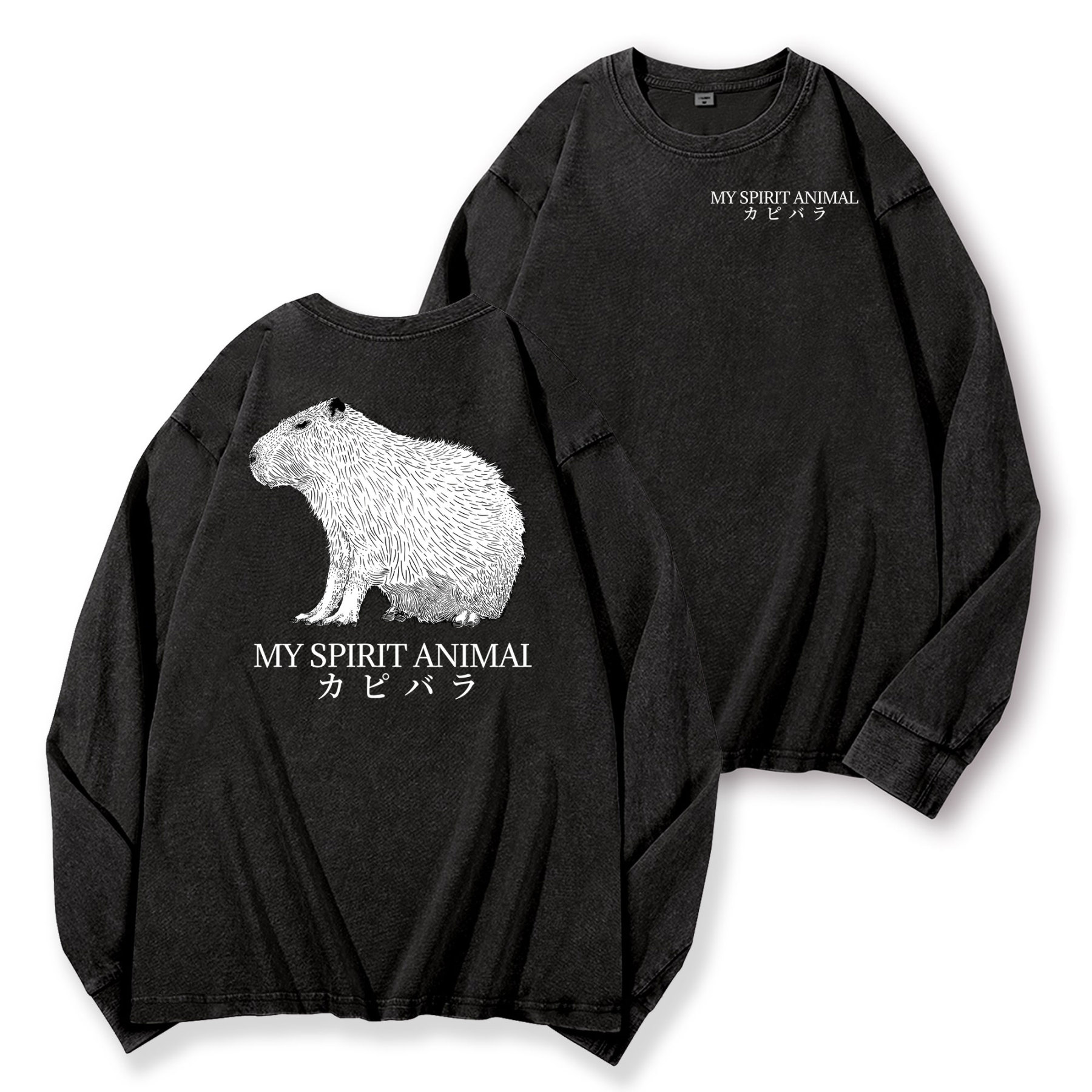 Capybara Vintage Washed Cotton Back Art Long-sleeve T-shirt