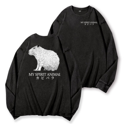 Capybara Vintage Washed Cotton Back Art Long-sleeve T-shirt