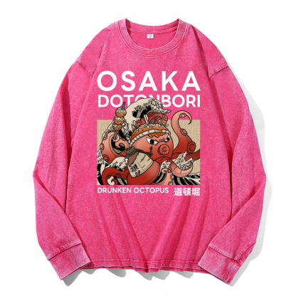 Osaka Dotonbori Drunken Octopus Vintage Cotton Wash Crewneck Sweatshirt
