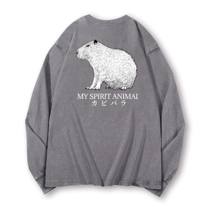 Capybara Vintage Washed Cotton Back Art Long-sleeve T-shirt
