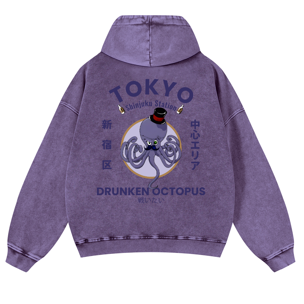 Tokyo Drunken Octopus Vintage Washed Cotton Back Art Hoodie