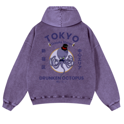 Tokyo Drunken Octopus Vintage Washed Cotton Back Art Hoodie