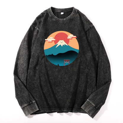 Cat Fuji Vintage Cotton Wash Crewneck Sweatshirt