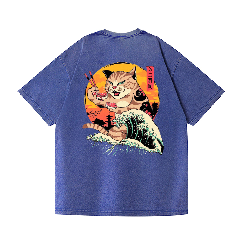 Sushi Cat Vintage Wash Japanese Design Back Art T-Shirt