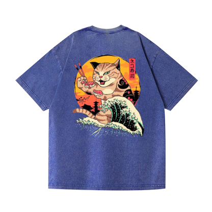 Sushi Cat Vintage Wash Japanese Design Back Art T-Shirt