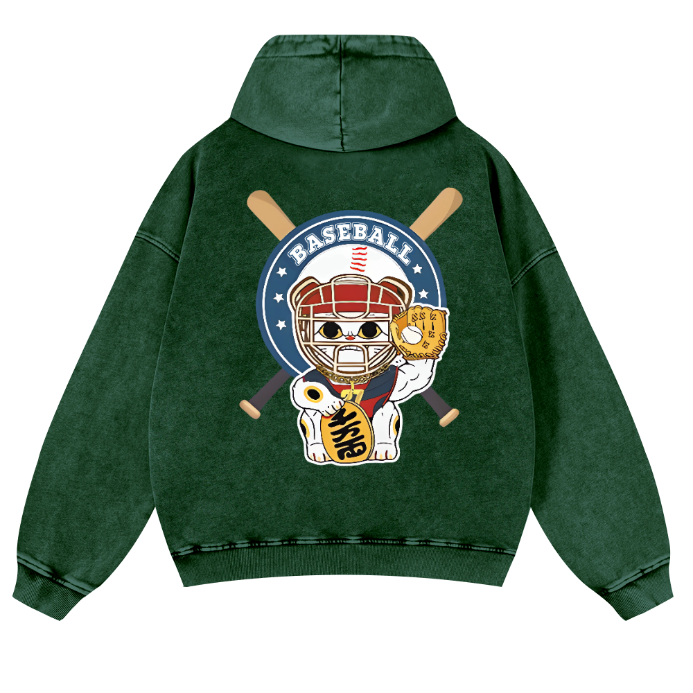 Baseball Cat Vintage Washed Cotton Back Art Hoodie