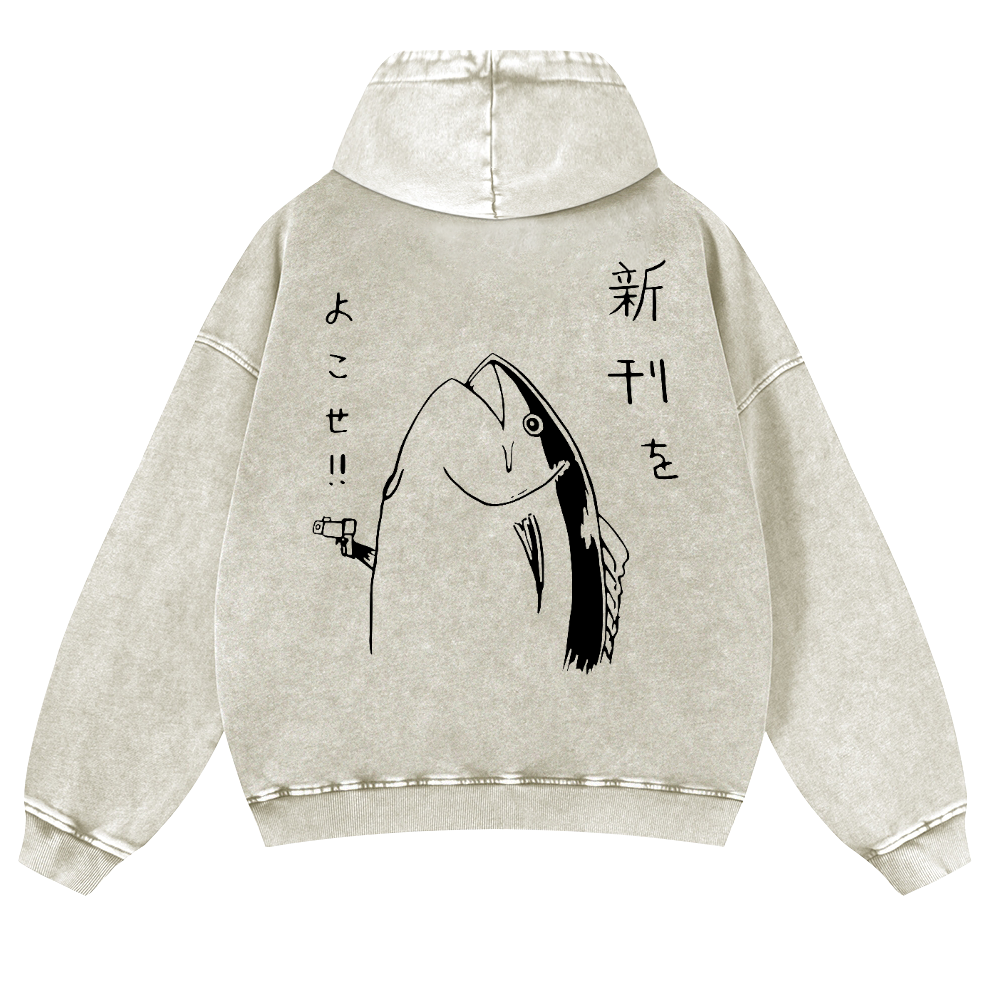 Fish Vintage Washed Cotton Back Art Hoodie