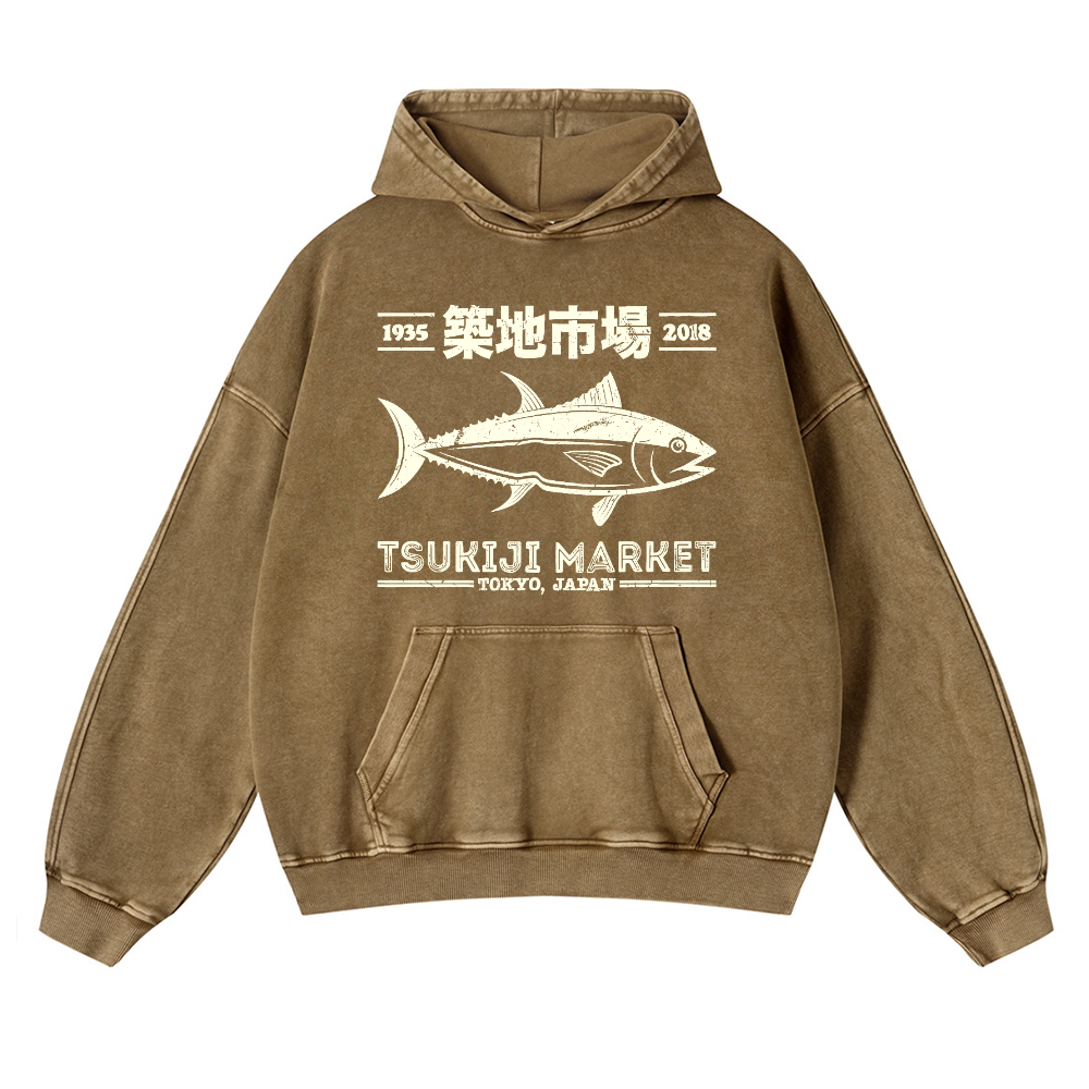 Tsukiji Market Tuna Fish Vintage Washed Thick Cotton Hoodie