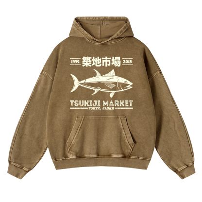 Tsukiji Market Tuna Fish Vintage Washed Thick Cotton Hoodie