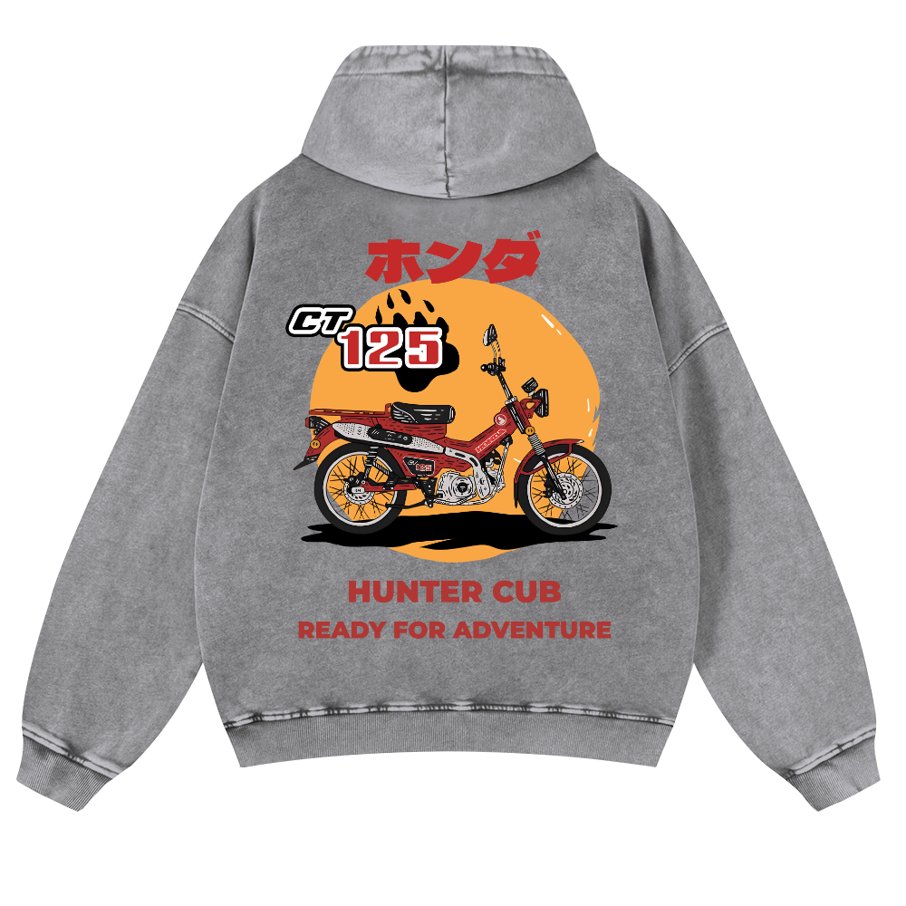 Hunter Cub Motorcycle Vintage Washed Cotton Back Art Hoodie