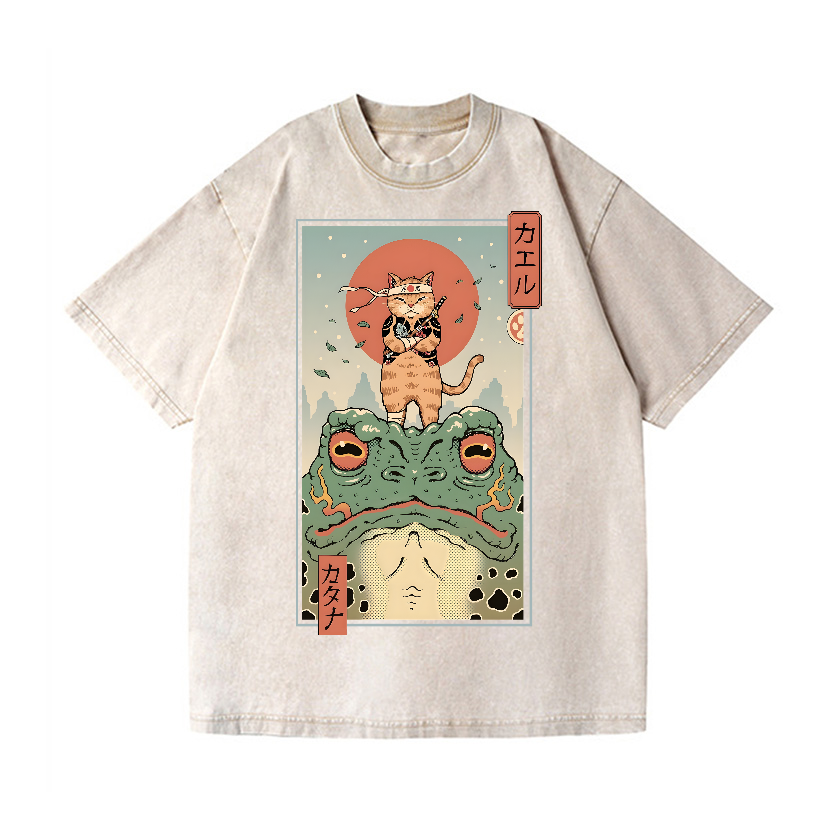 Ninja Cat and Frog Vintage Wash Japanese Design T-Shirt