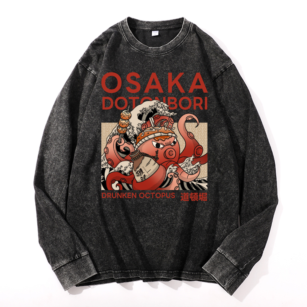 Osaka Dotonbori Drunken Octopus Vintage Cotton Wash Crewneck Sweatshirt