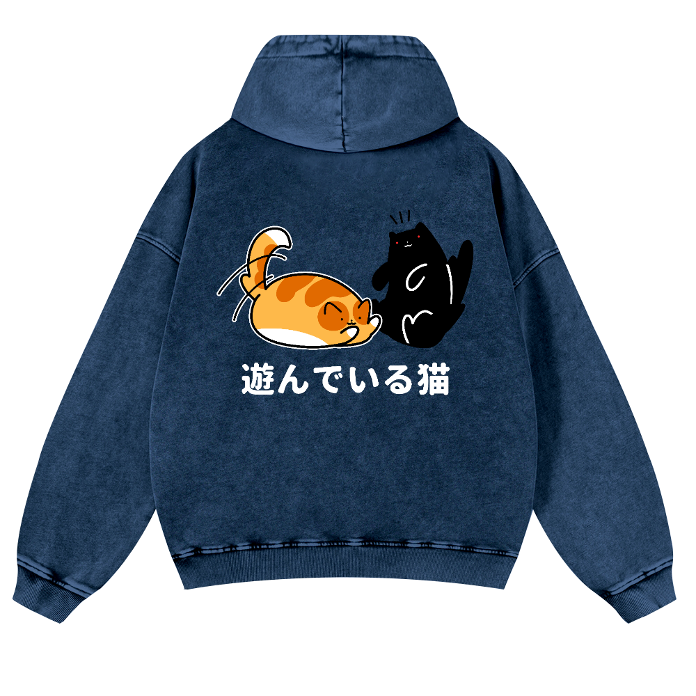 Cat Vintage Washed Cotton Back Art Hoodie