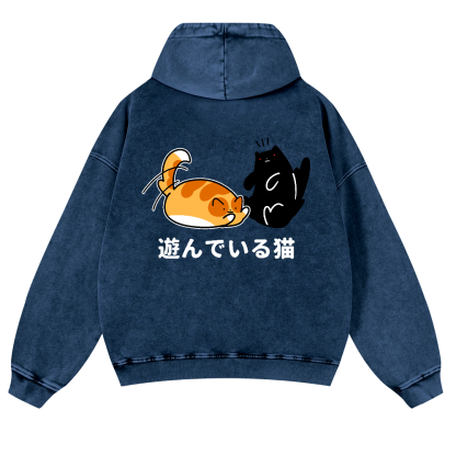 Cat Vintage Washed Cotton Back Art Hoodie