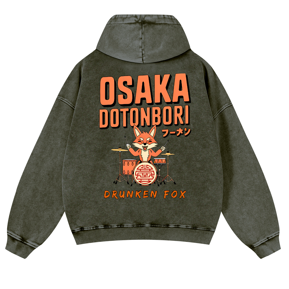 Osaka Dotonbori Drunken Fox Vintage Washed Cotton Back Art Hoodie