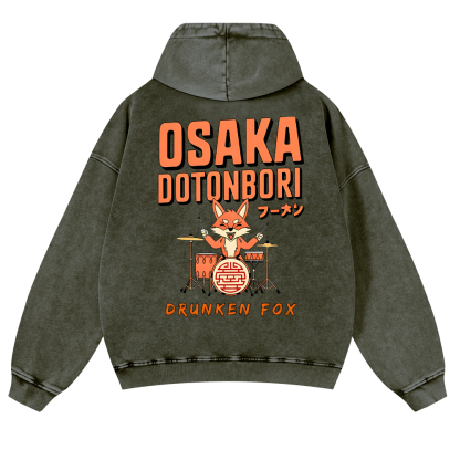Osaka Dotonbori Drunken Fox Vintage Washed Cotton Back Art Hoodie