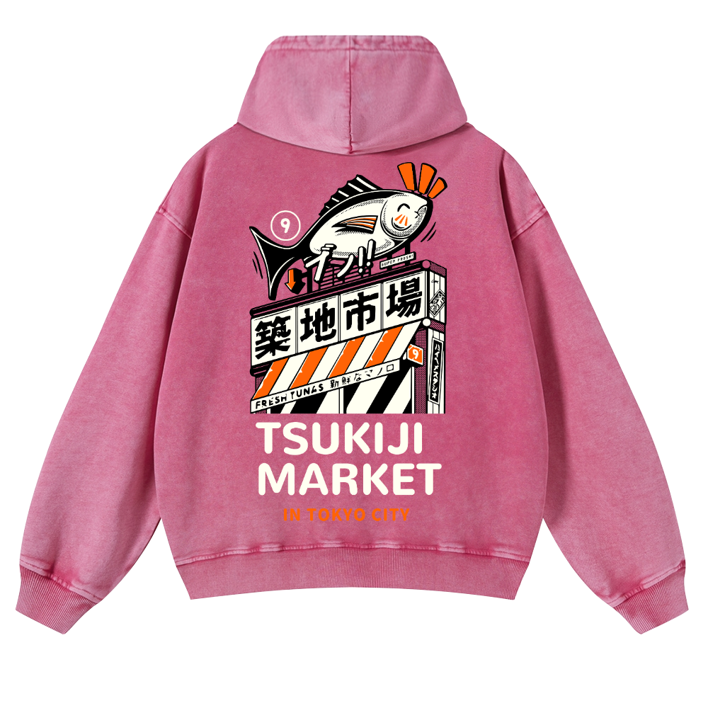 Tsukiji Fish Market Vintage Washed Cotton Back Art Hoodie