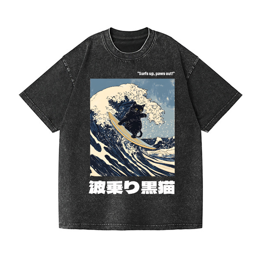 Black Cat Great Wave Vintage Wash Japanese Design T-Shirt