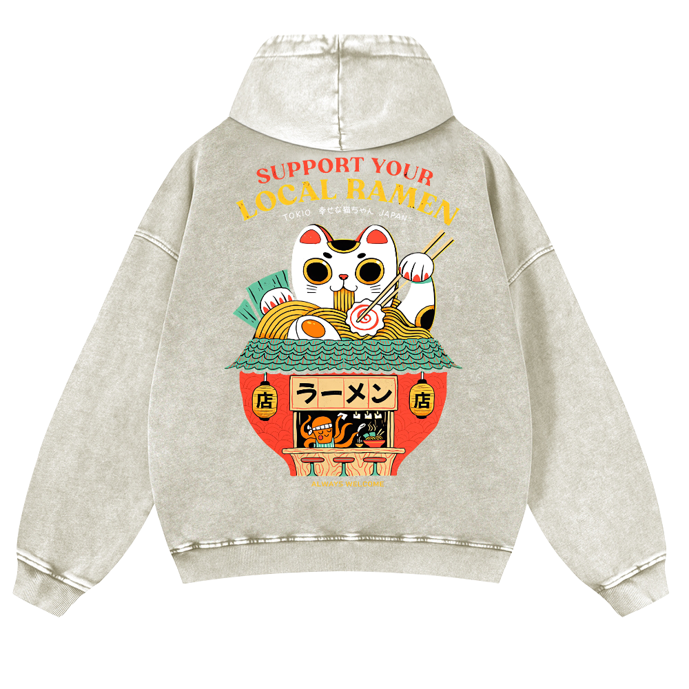 Ramen Lucky Cat Vintage Washed Cotton Back Art Hoodie