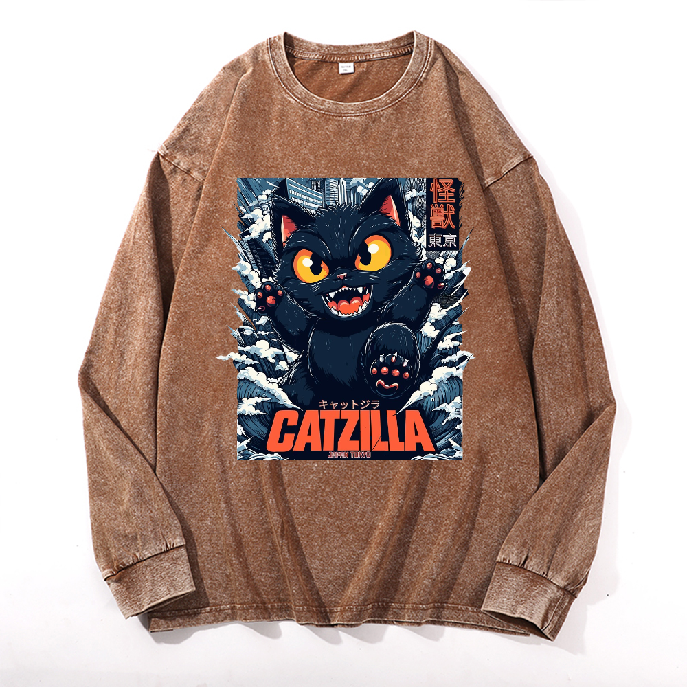 Catzilla Cat Godzilla Vintage Cotton Wash Crewneck Sweatshirt