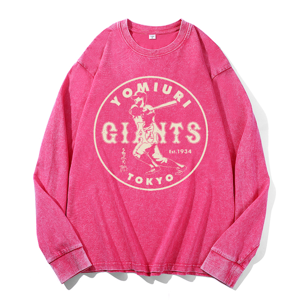 Tokyo Yomiuri Giants Baseball Vintage Cotton Wash Crewneck Long-Sleeve T-Shirt