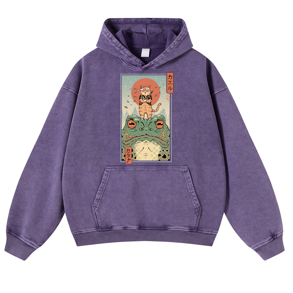 Ninja Cat and Frog Vintage Washed Thick Cotton Hoodie