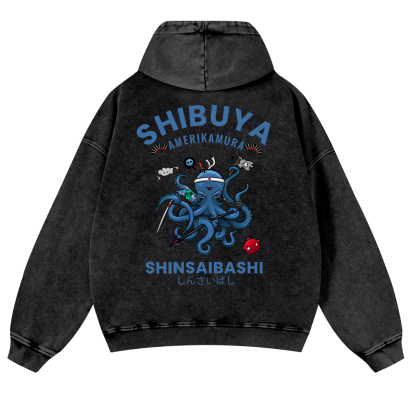 Shibuya Octopus Vintage Washed Cotton Back Art Hoodie