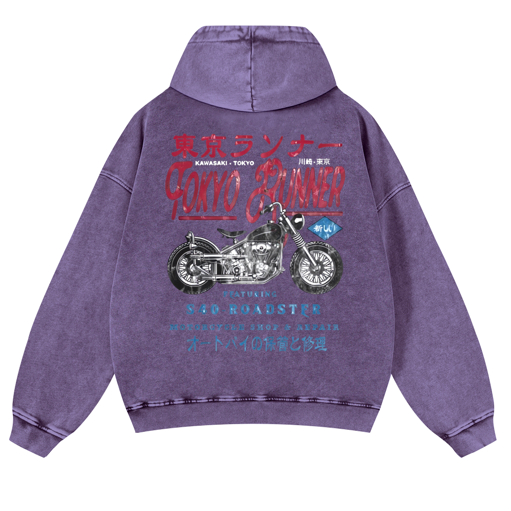 Kawasaki Motorcycle Vintage Washed Cotton Back Art Hoodie
