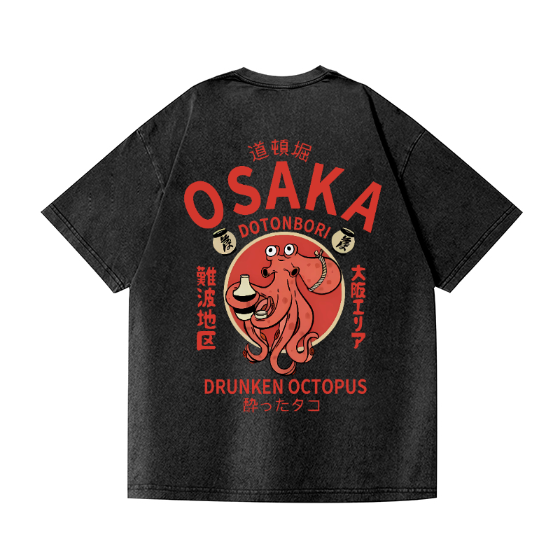 Osaka Dotonbori Drunken Octopus Vintage Wash Japanese Design Back Art T-Shirt