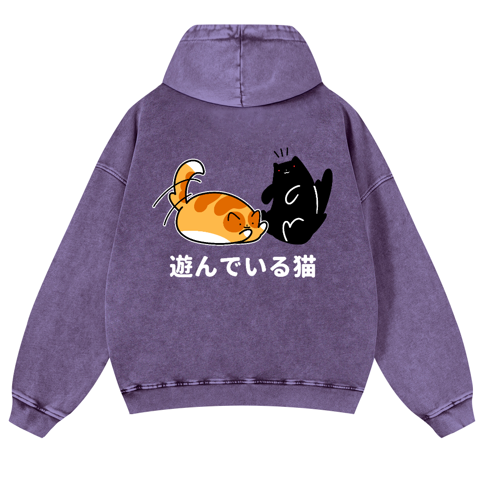 Cat Vintage Washed Cotton Back Art Hoodie
