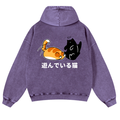 Cat Vintage Washed Cotton Back Art Hoodie