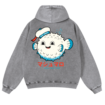 Puffer Fish Vintage Washed Cotton Back Art Hoodie