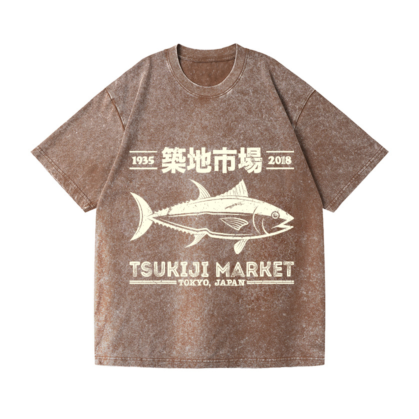 Tsukiji Market Tokyo Japan Fish Vintage Wash Japanese Design T-Shirt